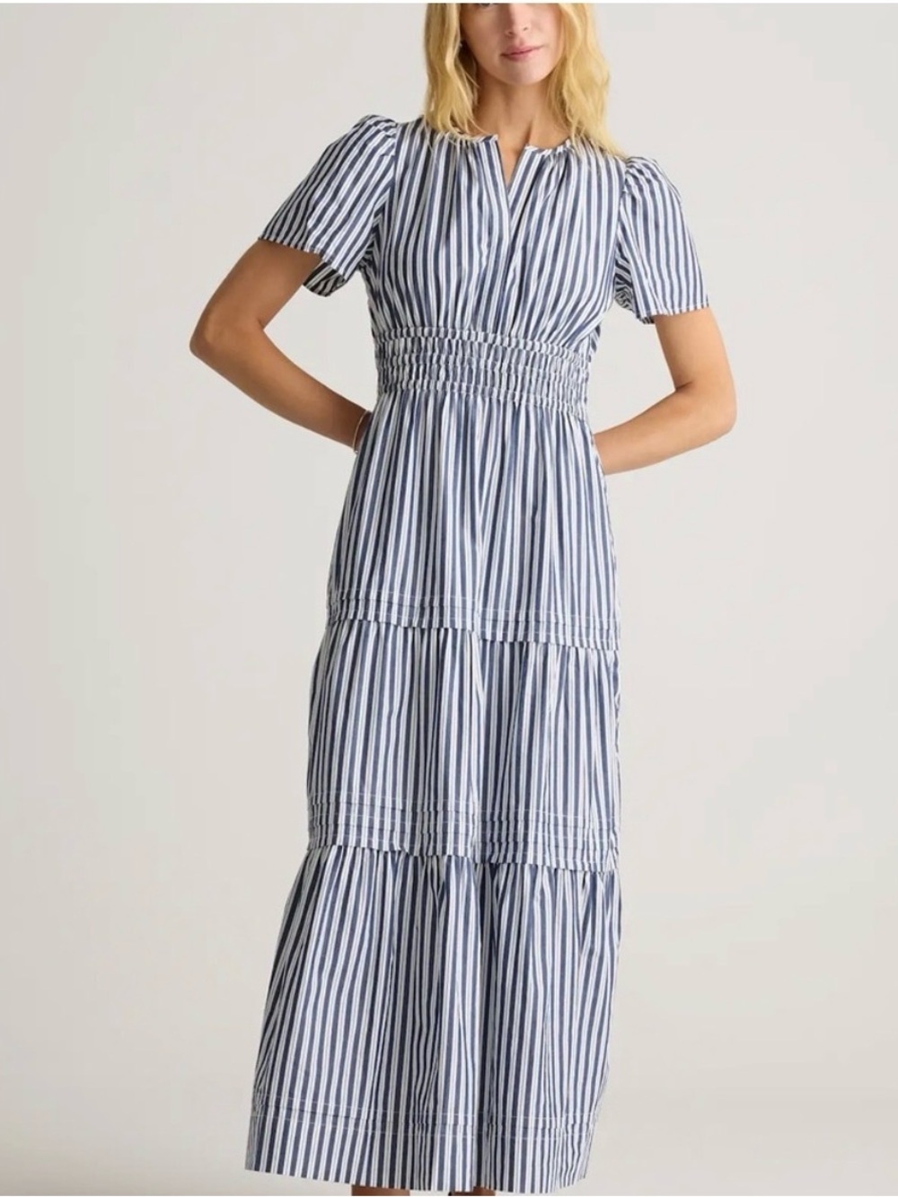 Quince Navy and White Striped Maxi Dress